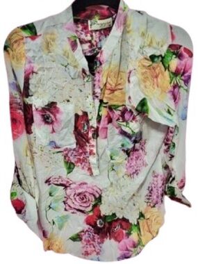 NWT 100% Cotton MAGAZINE Button Floral Shirt Top Garden Roses Boho Cottage Large